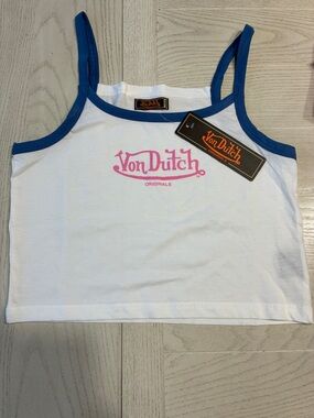 Von Dutch White Cropped Tank with Blue Trim and Pink Logo